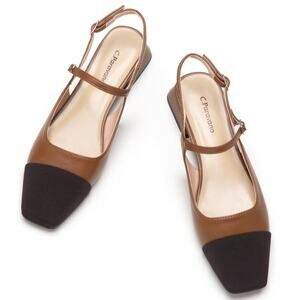 C.Paravano Felicia Brown & Black Square Toe Slingback Flats US 9 / 40 NEW $128
